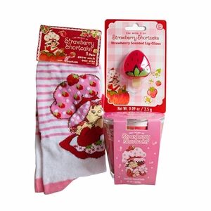 Strawberry Shortcake Bundle Crew Socks, Scented Candle 3 0z, Lip Gloss